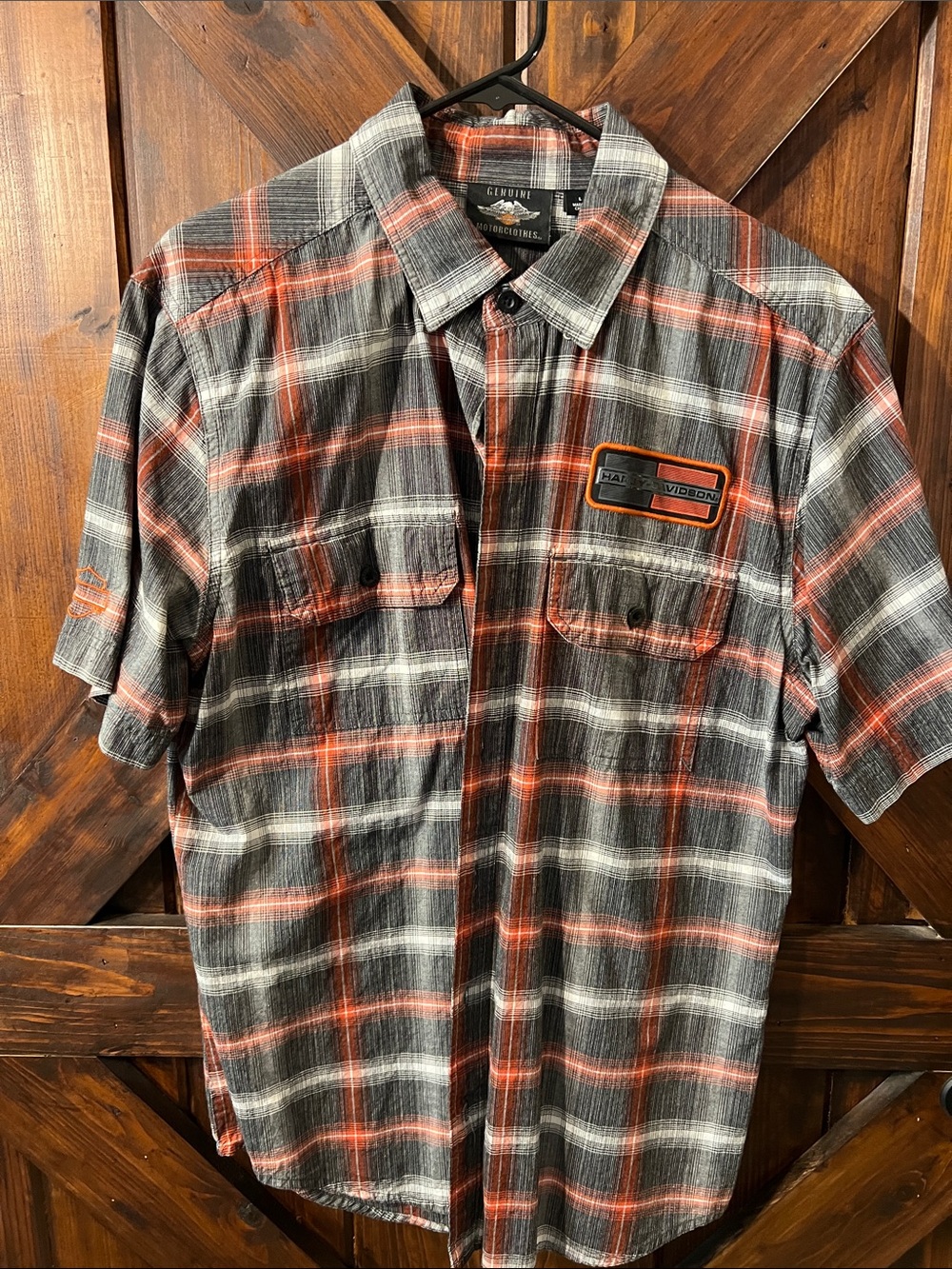 Harley-Davidson Men's Gray & Orange Plaid Short Sleeve Button-Down Shirt